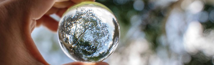 Hand hält Glaskugel in die Luft, im Hintergrund sind Bäume zu sehen