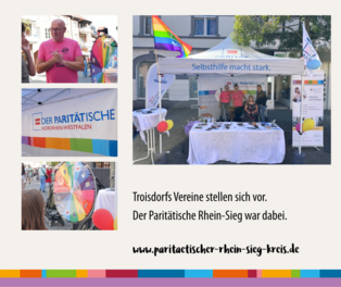 Stand Paritätischer Rhein-Sieg mit Luftballons, bunten Fahnen und Glücksrad