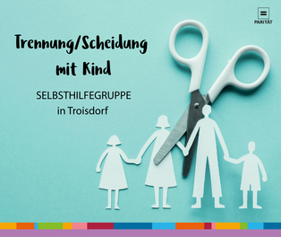 Scherenschnitt von Mutter, Vater, Kindern; eine Schere teilt die Gruppe